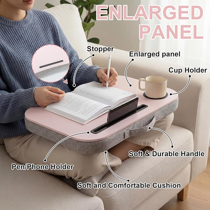 Lewtemi Pink Laptop Lap Desk with Cushion Cup Holder and Stopper Padded and Phone Holder Couch Bed Sofa Fits up to 15.6 Inch Portable Lap Desk for Home Office Study Writing - Image 3