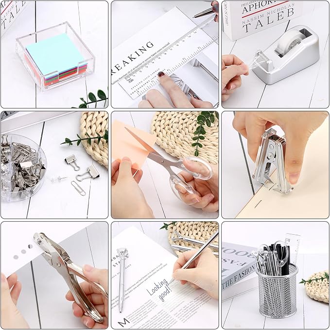17 IN 1 Office Desk Organizer Set for Back to School Supplies Accessories | 3 Office Desk Storage Organization, 4 Pens, Stapler, Staples & Remover, Tape & Dispenser, Scissors, Ruler, Clips, Hole Punch - Image 5
