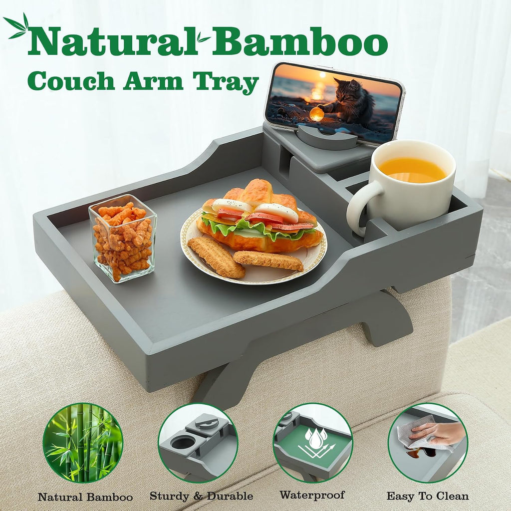 Couch Cup Holder, 4-in-1 Side Couch Arm Tray with Phone Holder, Sofa Clip on Side Table for Wide Couches Arm, Suitable for Home Drinks/Remote/Snacks-Grey - Image 3