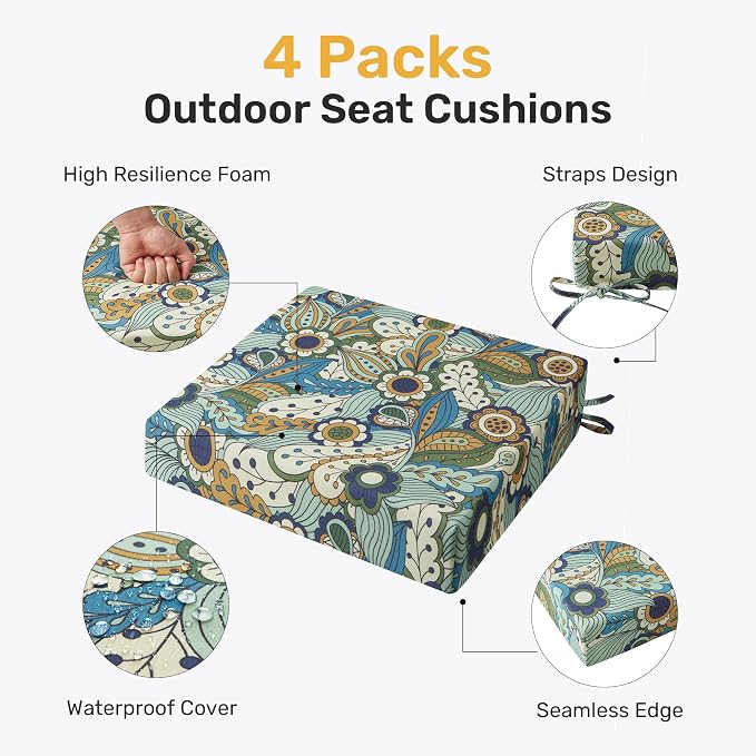 Outdoor Chair Cushions, Set of 4, 24"*24"*4", Water Resistant, Sun Flower | High-Density Foam Patio Cushions with Ties, UV & Fade Resistant, Square Corner Seat Cushions for Outdoor Furniture - Image 2