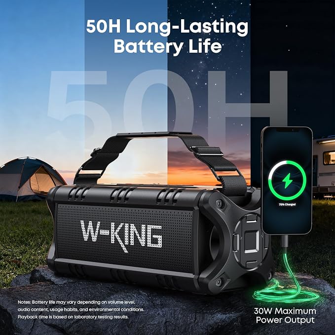 W-KING Bluetooth Speaker, 90W Max Loud IPX6 Waterproof Portable Speaker, 50W Deep Bass/Subwoofer *2/40H/EQ/TF/AUX, 105dB Large Boombox Outdoor Speakers Bluetooth Wireless for Party/Camping/Jobsite - Image 8