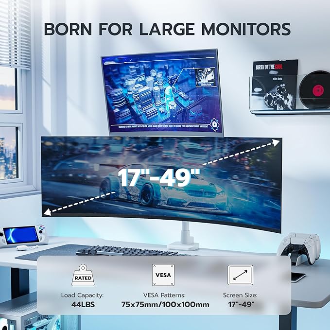 ARES WING Dual Monitor Mount for 17-49 Inch Screen, White | Ultrawide Heavy Duty Computer Monitor Arm Desk Mount for Curved Screen, Gas Spring Adjustable Vesa Stand - Image 2