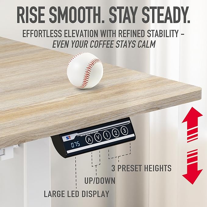 SHW 55 x 28 Electric Height Adjustable Standing Desk w/Drawer, Maple | w/ Memory Presets and Cable Management | Drawer with adjustable compartments | Hanging Hooks - Image 7