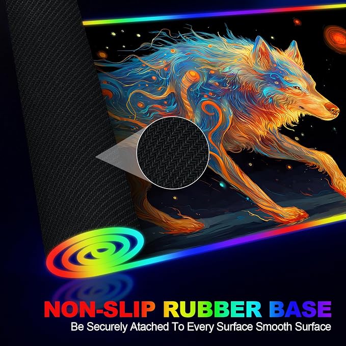 Wireless Charging RGB Gaming Mouse Pad, 31.5 x 11.8 Inch Extended Mouse Mat with Cosmic Wolf Art Design, LED Desk Pad with 7 Lighting Modes, Non-Slip Base for Gaming & Office - Image 5