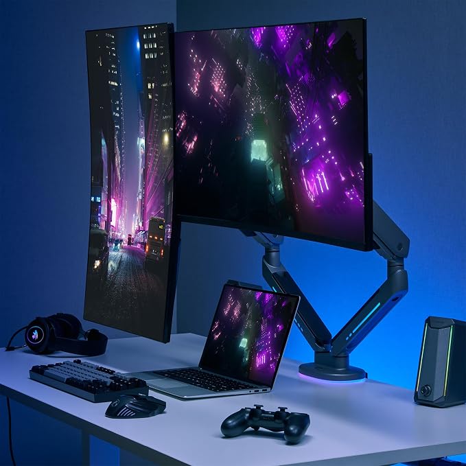 AVLT Dual 27”-43” RGB Gaming Monitor Arm Desk Mount -Dark Gray | 20 Lighting Modes Touch Button Control Fits Flat/Curved/Ultrawide Screen Height Swivel Tilt Rotation Adjustable Monitor - Image 2