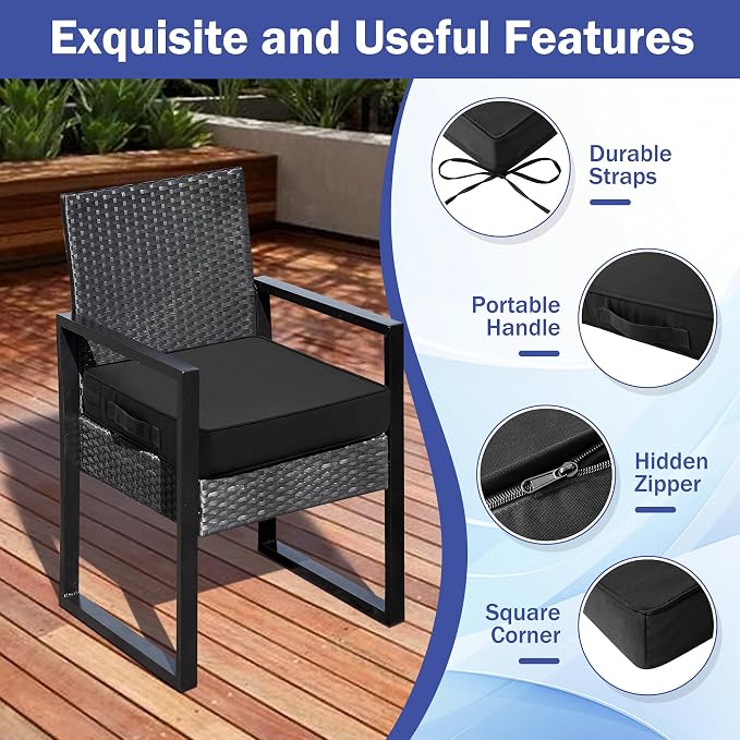 IASEAHK Patio Chair Cushions, 19" x 19" x 3" Outdoor Chair Cushions Set of 4, Waterproof Outdoor Cushions for Patio Furniture, Outdoors Seat Cushions with Handle and Ties, Black - Image 5