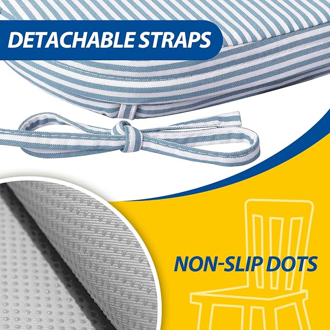 AAAAAcessories D-Shaped Chair Cushions, 2" Thick Dining Chair Pads with Ties and Removable, Machine-Washable Cover, 17" x 16", Set of 4, Pinstripe Blue - Image 5