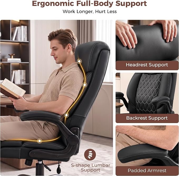 Ergonomic Office Chair with Lumbar Support, Executive Leather Computer Desk Chair with Flip Up Arms & Rocking Function, High Back Big and Tall Comfortable Gaming Chair for Home Office - Image 6