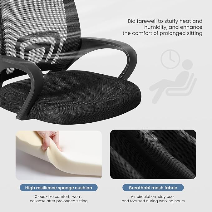 DUMOS Home Office Chair - Ergonomic Mid Back Mesh Desk Chair with Lumbar Support & Rocking Mode, Height Adjustable with Fixed Armrest, for Computer, Gaming, Meeting, 360° Swivel, Black - Image 6