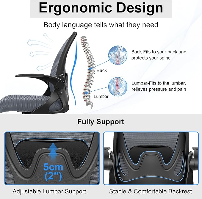Drafting Chair Tall Office Chair with Flip-up Armrests, Adjustable Height, Enhanced Lumbar Support Ergonomic Rolling Stool, Back Support, Adjustable Foot Rest Ring for Standing Desk Dark Gray - Image 3