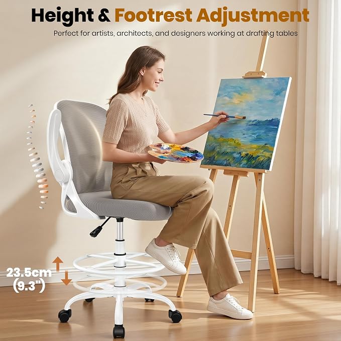 Ergonomic Drafting Chair with Flip-Up Armrests & Adjustable Footrest – Tall Office Chair for Standing Desks, Lumbar Support, Gray – Home & Office Comfort - Image 5