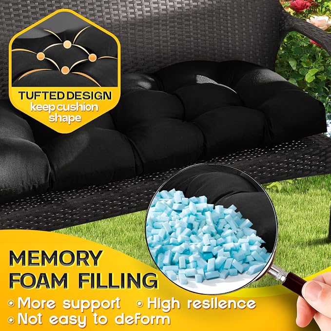 MAGIC ELEPHANT Outdoor Bench Cushion, Memory Foam Loveseat Cushion for Patio Furniture Wicker Chair, Settee Porch Swing Seat Cushion, 44 x 19 Inches (Black) - Image 4