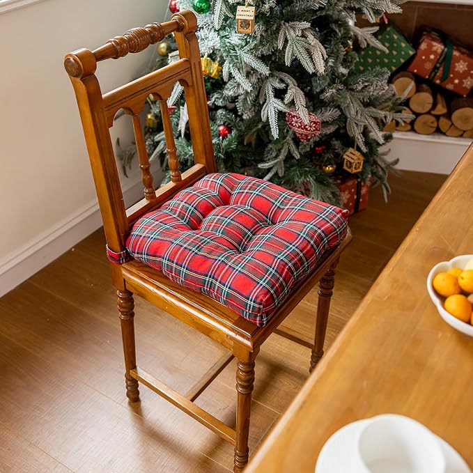 vctops Christmas Red Tartan Chair Cushions with Ties (Pattern H,16"x16") | Soft Comfortable U-Shaped Chair Pads Non Slip Seat Cushions for Indoor Dining Room and Kitchen Chairs - Image 2