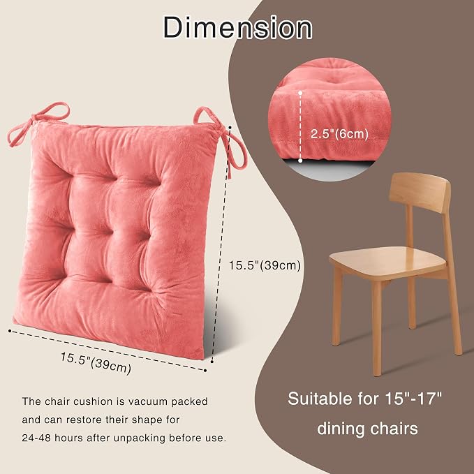 OVOV 6 Pack Chair Cushions for Dining Chairs 15.5"x15.5" Pink | Soft-Touch Velvet Fabric for Farmhouse Decor, Fit for Kitchen Dining Office Chairs, Upgrade Chair Comfort, with Durable Ties - Image 2