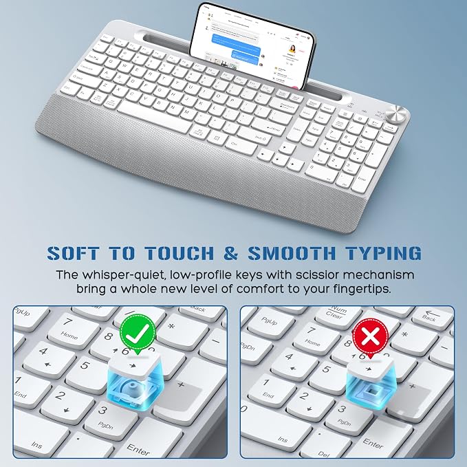 JOYACCESS Ergonomic Wireless Keyboard, 2.4GHz Cordless USB Full-Size Keyboard with Wrist Rest, Quiet Design & Numeric Keypad, Phone Holder for Desktop, Laptop, PC, Mac, Windows -Silver White - Image 3