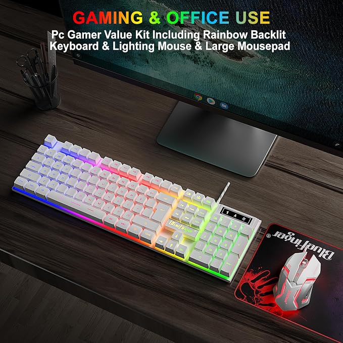 BlueFinger RGB Gaming Keyboard and Backlit Mouse Combo, USB Wired, LED Gaming Set for Laptop PC Computer Game and Work(White) - Image 4