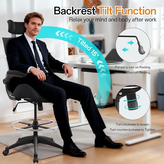 BOLISS Drafting Tall Office Chair 400lbs High Back Standing Desk Chair | Comfortable Wide Chair with Flip up Armrests, Adjustable Headrest,Molded Foam Seat, Lumbar Cushion, Adjustable Big FootRing - Image 7
