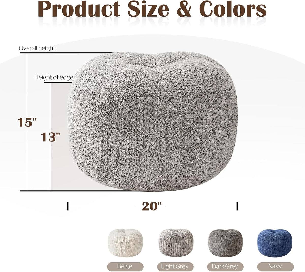 Round Ottoman,Chenille Pouf Foot Rest,Light Grey,20x15 in - Image 2