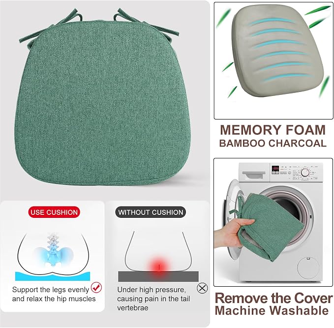 SINOSSO 6 Pack Memory Foam Chair Cushions for Dining Chairs, Friendly Woven Fabric 16" U-Shape Comfortable Kitchen Chair Pads, Removable Slip Resistant Seat Cushions (Set of 6, Green) - Image 6