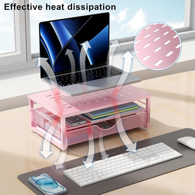 gianotter Computer Monitor Stand Riser with Drawer | Desk Organizers and Accessories Desk Accessories & Workspace Desktop Organizers Storage for Printer Stand (Pink) - Image 3