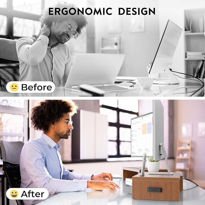 BONTEC Dual Monitor Stand Riser, Adjustable Length & Swivel Angle, Walnut | Ergonomic Wooden Desktop Organizer with Smartphone Holder, Computer Monitor Stand for PC, Laptop, Printer and Large Storage - Image 5