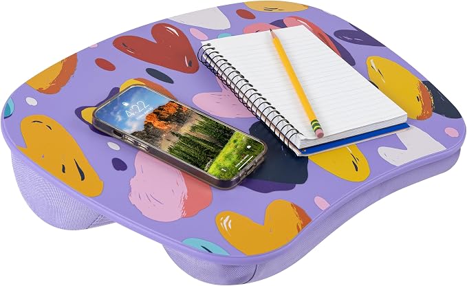 LAPGEAR MyStyle Lap Desk – Hearts, Fits 15.6" Laptops | Dual-Bolster Microbead Cushion, Built-In Carry Handle, Ergonomic Curved Front Edge by LapGear