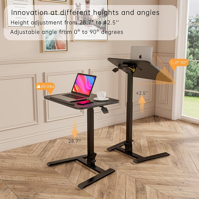 25" Mobile Folding Desk: Pneumatic Sit-Stand, No Assembly | 29-42" Height Adjustable Rolling Laptop Desk, Hidden Wheels, 0-90° Tilt Top. Ideal for Home Office, Craft & Study. - Image 8