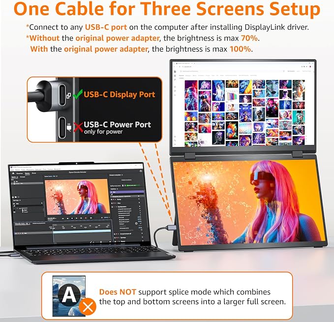 Upperizon Portable Monitor Foldable Dual Screen 15.6 inch FHD 107% sRGB IPS HDMI USB-C Travel Monitor for Laptop Mac PC Windows, DisplayLink Stacked Screen Extender with Kickstand, VESA Compatible - Image 3