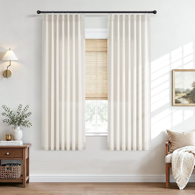 Hokibero Natural Pinch Pleated Linen Curtains 58 Inch Long for Living Room | Ivory Light Filtering Semi Sheer Curtain,Back Tab Hooks Rings,Farmhouse Textured Privacy Drapes for Bedroom Window,2 Panels by Hokibero