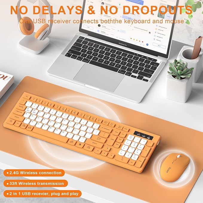 Wireless Keyboard and Mouse Combo Silent for Office and Home(Orange-B) | 2.4G Full Size Silent Cordless Keyboard with Tilt Legs,3-Level DPI Quiet Mouse,for Windows/Mac OS/Desktop/Laptop/PC - Image 2