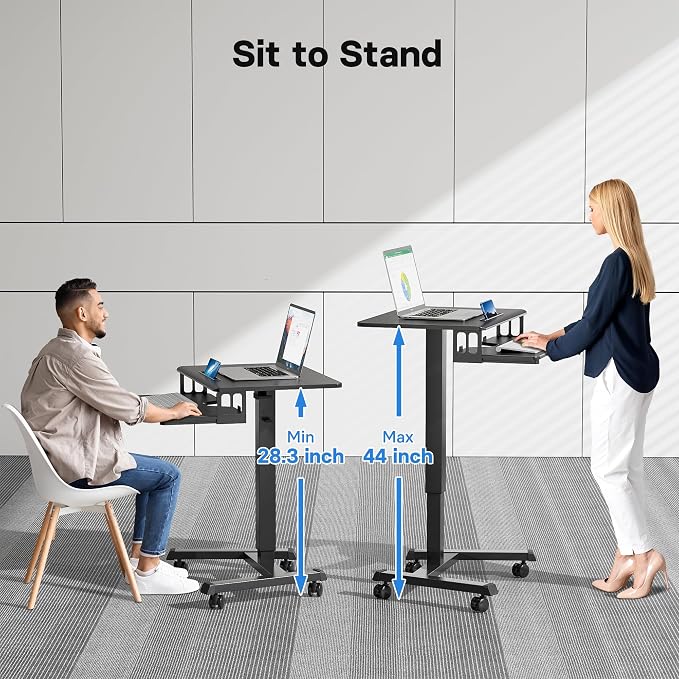 BONTEC Mobile Standing Desk with Keyboard Tray, Mobile Podium on Wheels | Rolling Laptop Sit Stand Desk, Adjustable Height Desk Up to 33lbs, Portable Computer Workstation Cart for Living Room, Office - Image 3