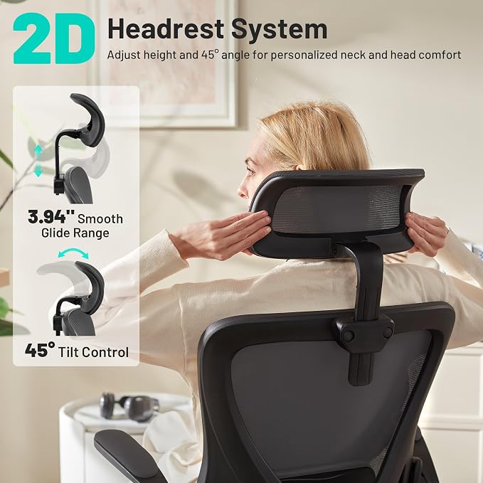 Office Chair - Ergonomic Desk Chair Breathable Mesh Chair with 2D Headrest & Adjustable Lumbar Support - Executive High Back Rolling Swivel Computer Gaming Chair with Wheels Flip-up Armrests - Image 4