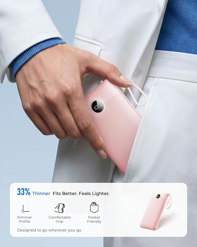VRURC Portable Charger 20000mAh 4-Built-in-Cable Fast Charging Power Bank | Battery Protection,Flight-Approved,USB-C Cable,22.5W PD,Slim,Travel Essentials,Battery Pack for iPad,iPhone,Galaxy,Pink - Image 5