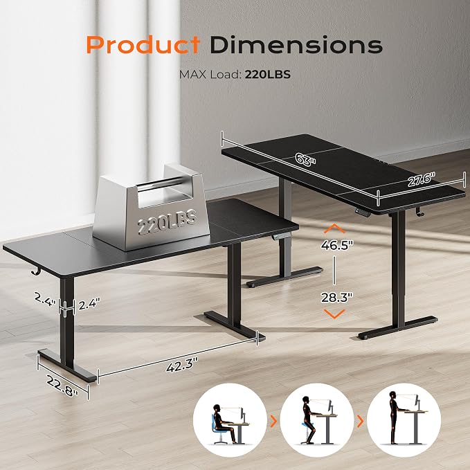 Huuger 63 x 28 Large Electric Standing Desk, Height Adjustable Computer Desk, 27.6" Deep Desktop, Stand up Gaming Office Table with 2 Hooks, 3 Preset Heights, for Home Office, Black - Image 2