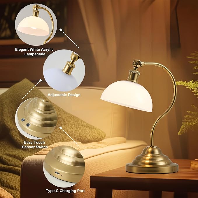 KARTOOSH Cordless LED Table Lamp, Battery Operated Desk Lamps with Swing Arm & Plastic Shade, Vintage Small Rechargeable Dimmable Light for Bedroom, Living Room, Nightstand, Brass/White - Image 7