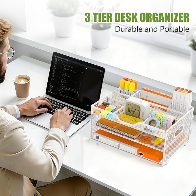 3 Tier Metal Desk Organizer with Magazine File Holder, White | Space saving workspace desk file trays. Includes pencil holder and portable handles. Ideal for school and office supplies - Image 5