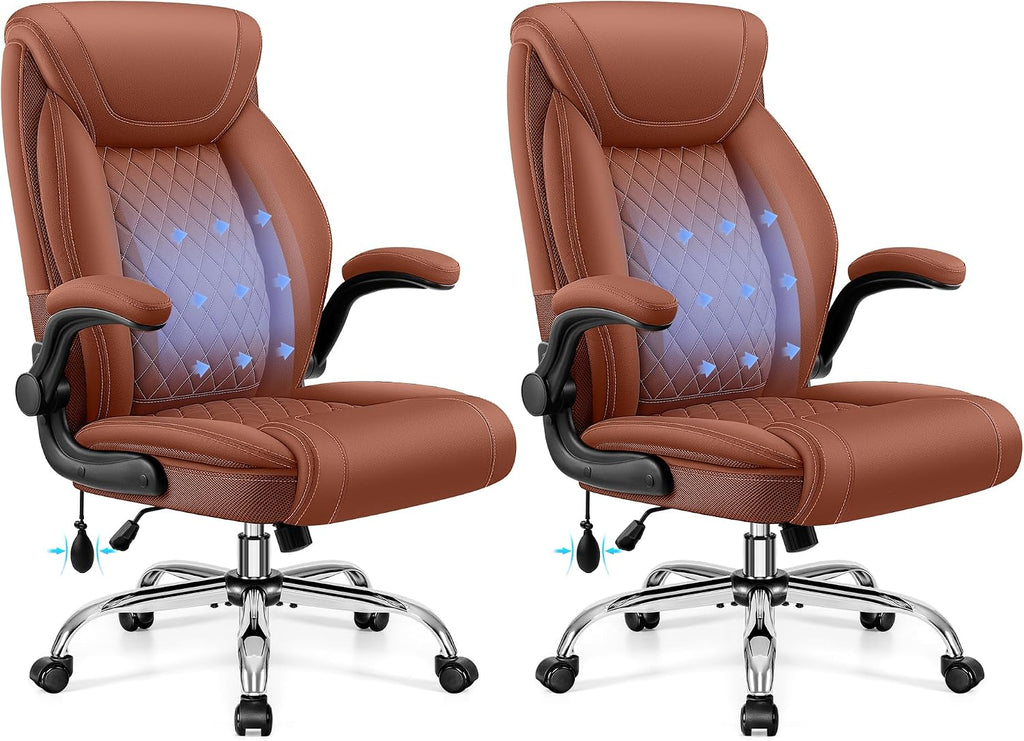Executive Office Chair with Lumbar Support, Big and Tall Ergonomic Computer Desk Chair, Leather Comfy High Back Gaming Chair with Flip Up Arms & Rocking Function for Home Office, Brown by BestGlory