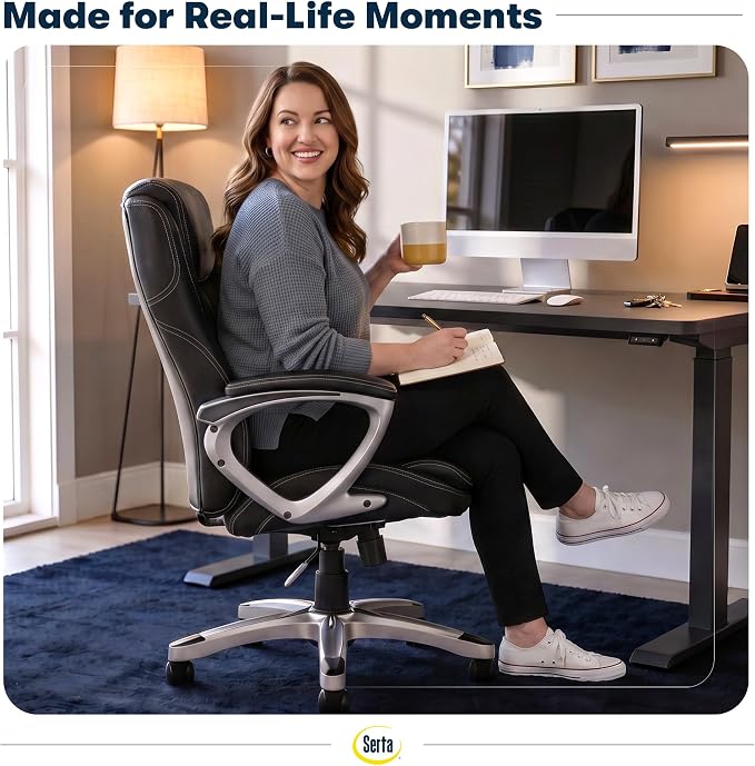 Serta Ergonomic Executive Office Chair, Padded Arms Mesh Back Leather Chair | Amplify, Contoured Lumbar Lower Back Support, Back Pain Relief, Adjustable Height & Tilt, Work From Home Desk Chair, Black - Image 5