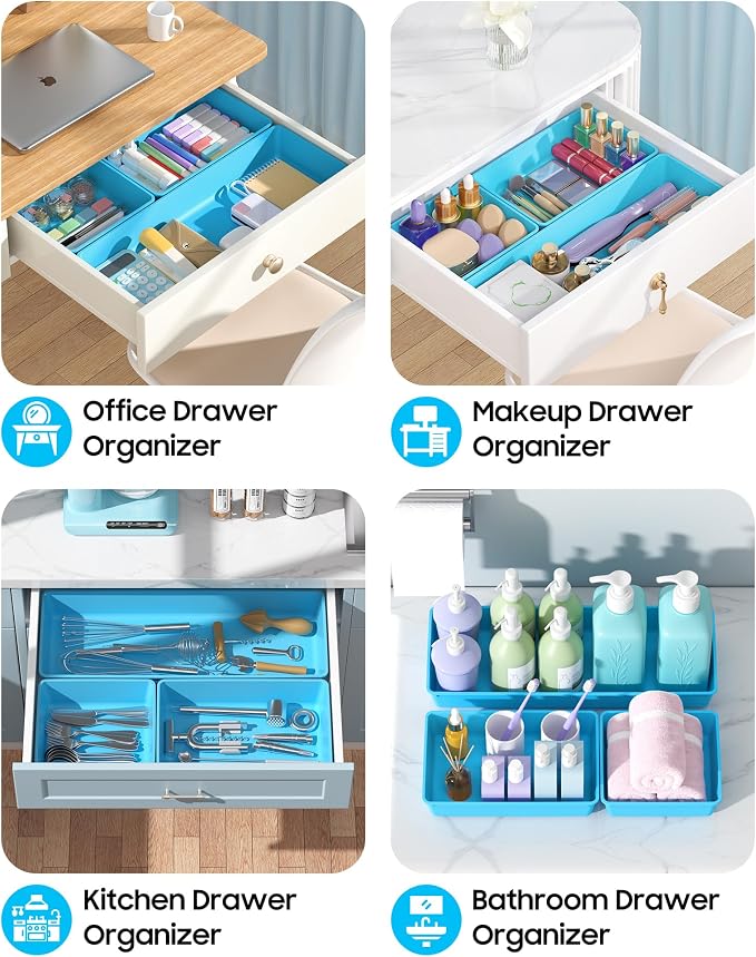 10 Pack Large Size Plastic Drawer Organizers Set, 3 Sizes Desk Drawer Organizer Trays, Storage Bins for Vanity, Makeup, Bathroom, Kitchen Utensils and Office (Blue) - Image 5