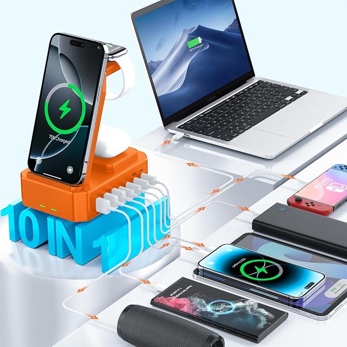 300W Charging Station for Multiple Devices Apple, Zutspzss 10 in 1 Wireless Charger for iPhone 16, GaN III USB C 65W PD Fast Charging Stand Dock for MacBook, Apple Watch&Airpods,Orange - Image 3