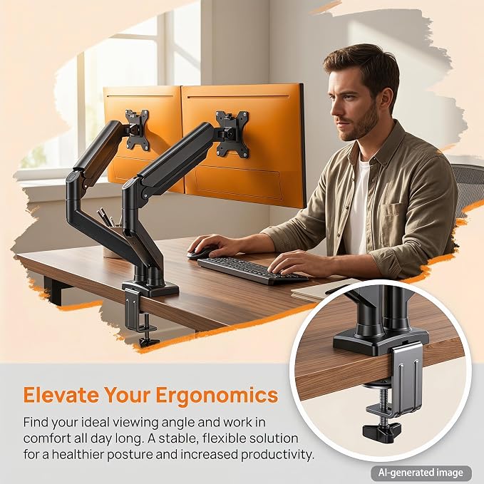 Dual Monitor Stand for 2 Screens up to 32 in, Each Arm Holds 22 lbs, Adjustable Dual Monitor Mount with Gas Spring, Tilt Swivel Rotate, VESA 75/100mm for Home & Office - Image 2