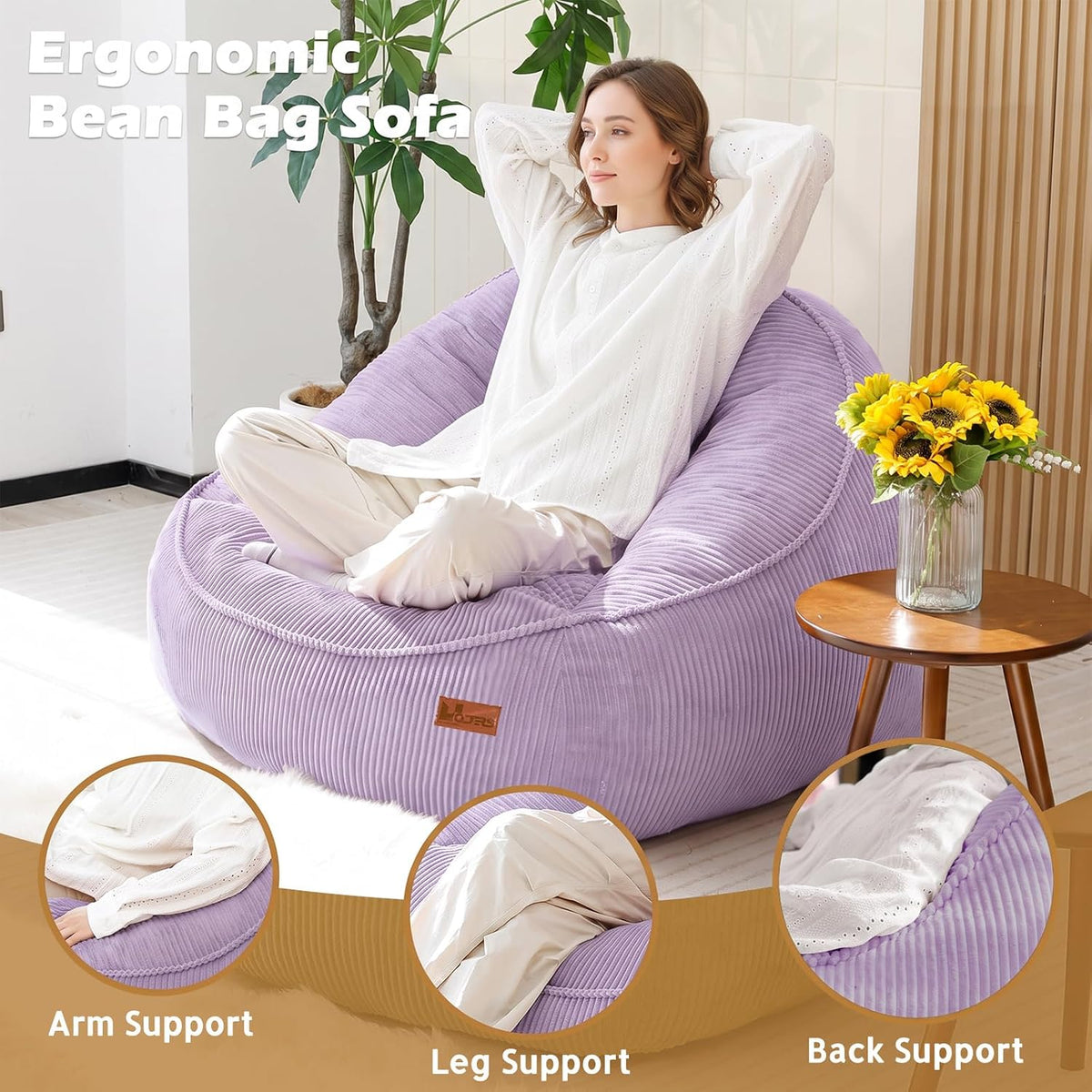 Giant Bean Bag Chair for Adults, Teens and Kids, Cozy Fluffy Corduroy Beanbag Chair with Filler, Large Floor Lounge Sofa for Living Room, Bedroom, Dorm, Gaming and Reading(L-Lightpurple) - Image 3