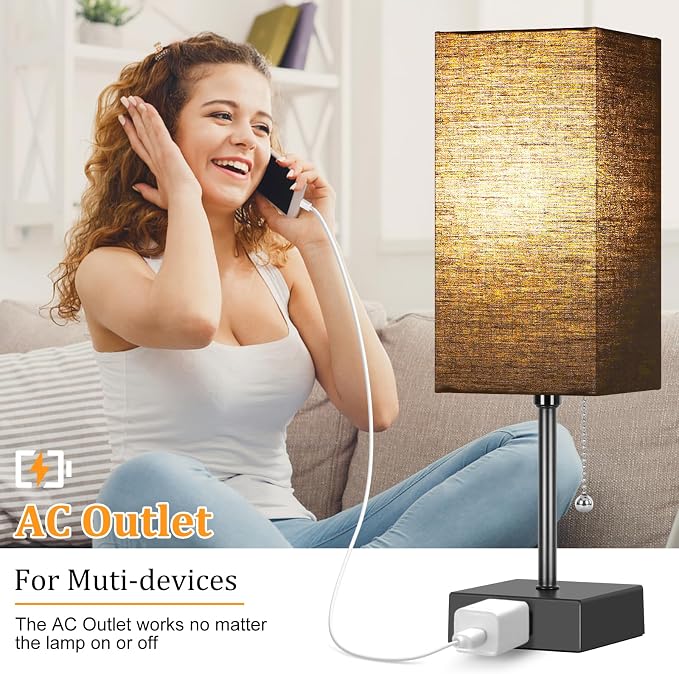 Table Lamp for Bedroom set of 2,3-Color Bedside Lamps with Pull Chain | Table Lamps for Nightstand with AC Outlets, Night Light Lamps with 2 Bulbs Lamps for Living Room Kids Office Decor（Black） - Image 5