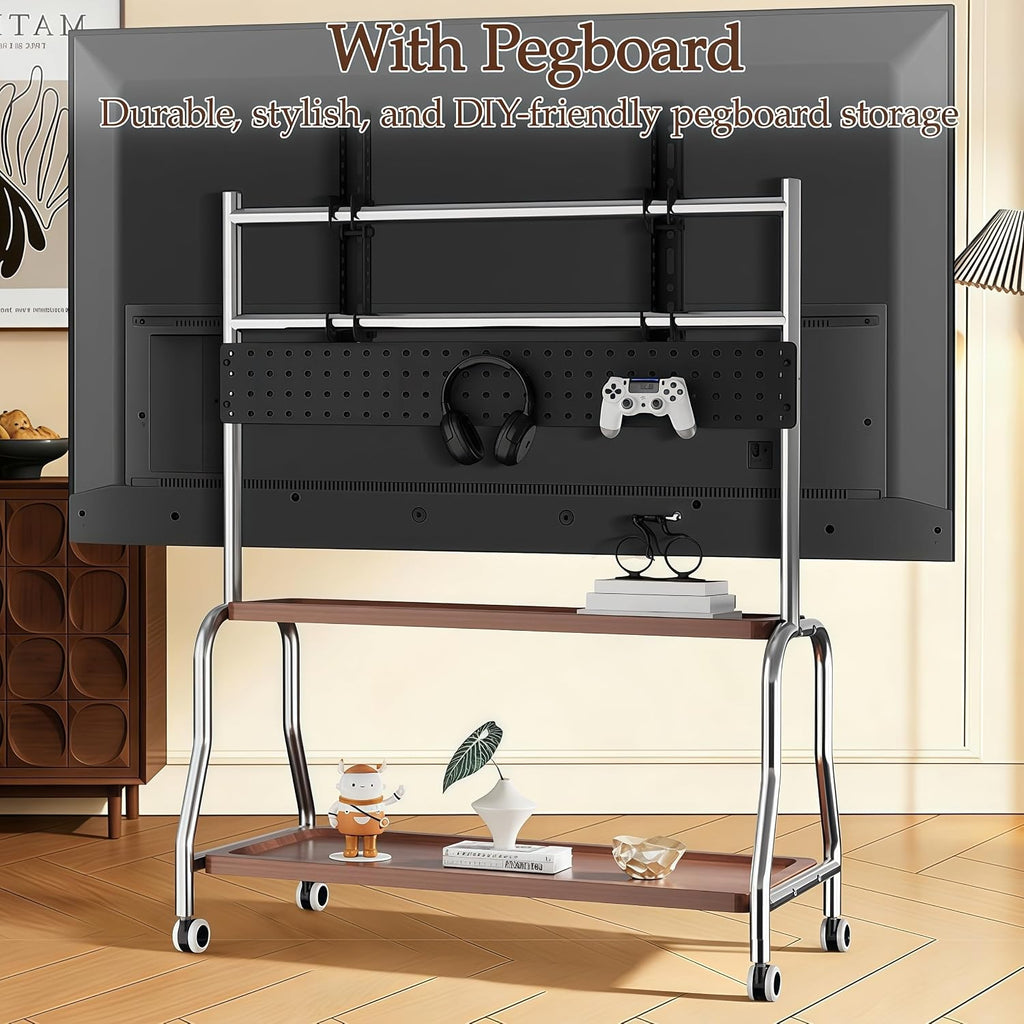 Rolling TV Stand for 32-75 Inch TVs with Double Storage Shelves & Pegboard - Image 7
