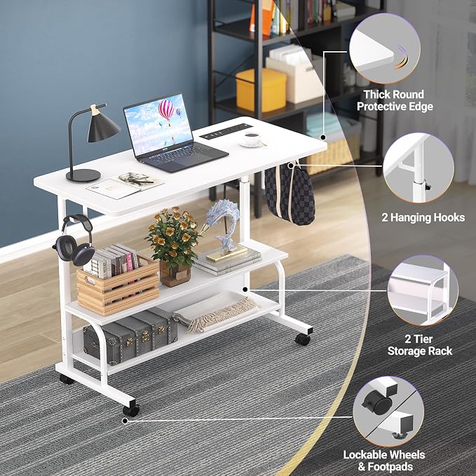 32" Rolling Standing Desk with Charging Station for Couch Bed | Height Adjust 27.5-41", 2 AC/3 USB, Mobile 4 Lockable Wheels, 2-tier Shelves Hook, Safe Corner Fast Assembly - Image 5