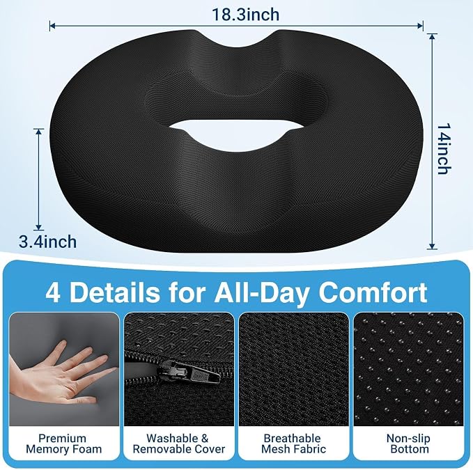 Donut Seat Cushion, Hemorrhoid Pillow, Office Chair Cushion, Black, X-Large | Ergonomic Design, Breathable Cover, for Tailbone Pain, Hemorrhoids & Long Sitting Hours, for Home & Office, - Image 5