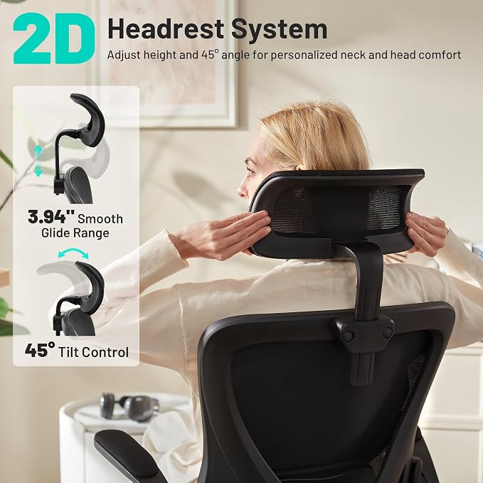 Office Chair - Ergonomic Desk Chair Breathable Mesh Chair with 2D Headrest & Adjustable Lumbar Support - Executive High Back Rolling Swivel Computer Gaming Chair with Wheels Flip-up Armrests - Image 4