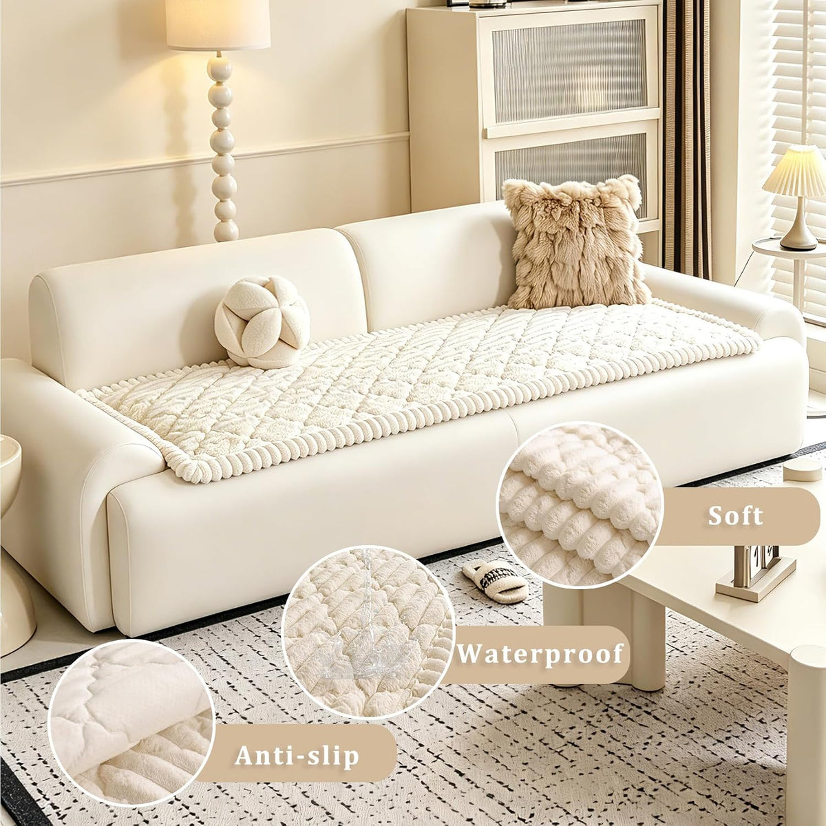 100% Waterproof Fuzzy Couch Cover for Dogs, Washable Non-Slip Pet Couch Covers for Sofa, Soft Thick Furniture Protector Sofa Slipcover Mat for Dogs (Beige, 27.5" x 59") - Image 3