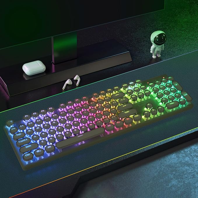 Redragon K710 Wireless Typewriter Mechanical Gaming Keyboard, Green | Bluetooth/2.4Ghz/Wired, RGB Led Backlit, Blue Switch - Clicky, Rechargeable 4000mAh, Solid Metal Panel, Round Keycaps - Image 8