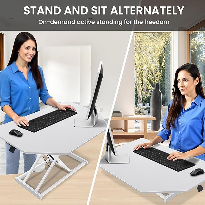 Aconcept 32 inch White Corner Height Adjustable Standing Desk Converter, One-Click Sit to Stand up Desk Riser, Pre-Assembled Dual Monitor and Laptop Workstation - Image 4